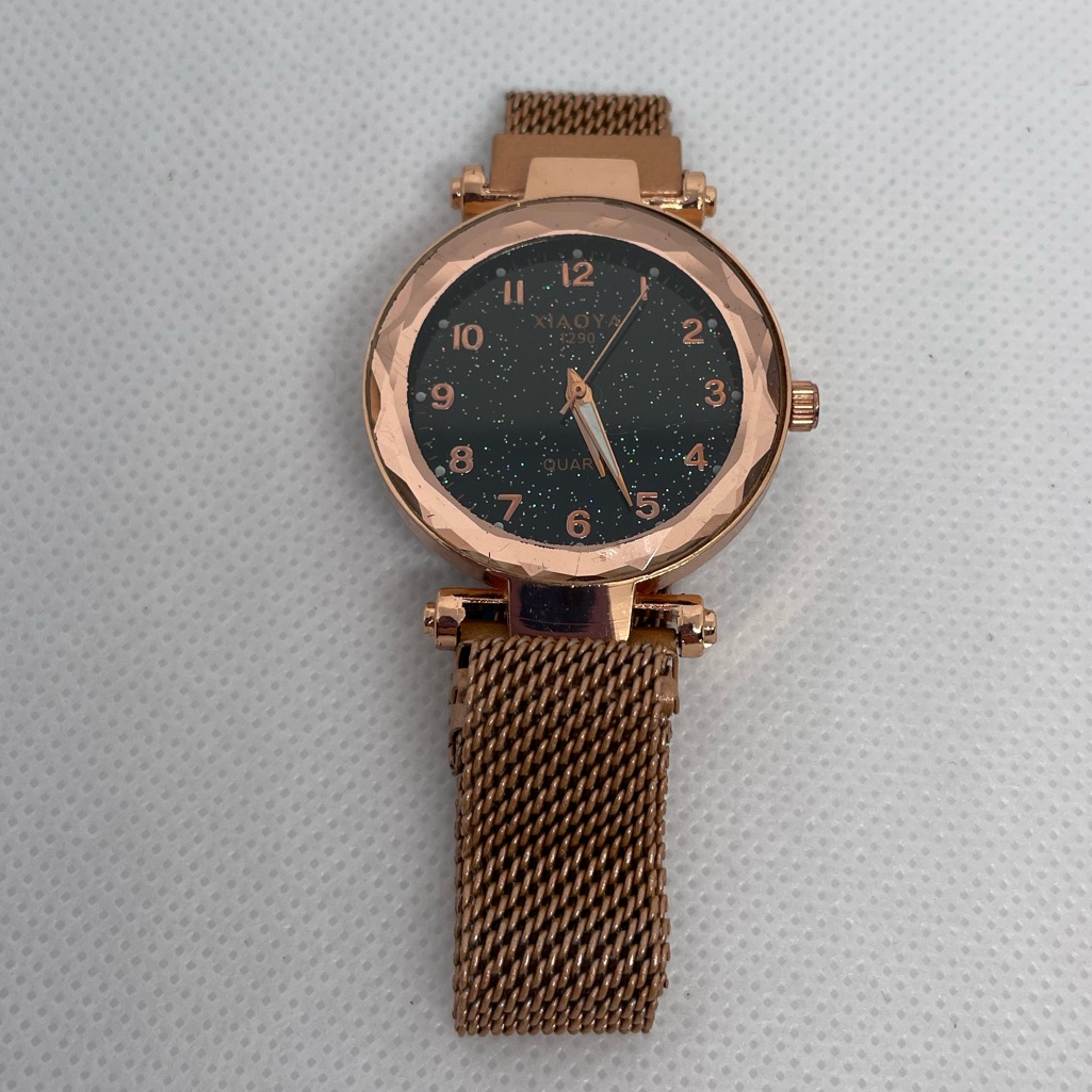 Rose Gold Mesh Strap Watch With Dark Face